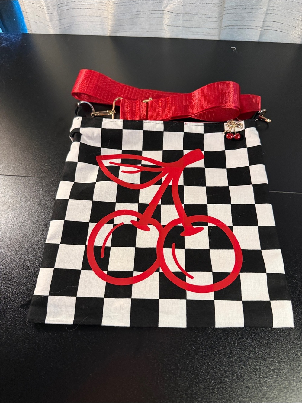 Checkerboard Cherry Crossbody Bag with Red Strap